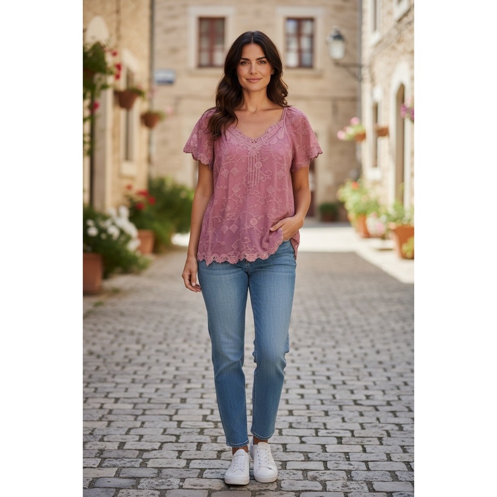 Democracy Womens‎ XS Embroidered Lace Trim Boho V-Neck Blouse Pink Short Sleeve